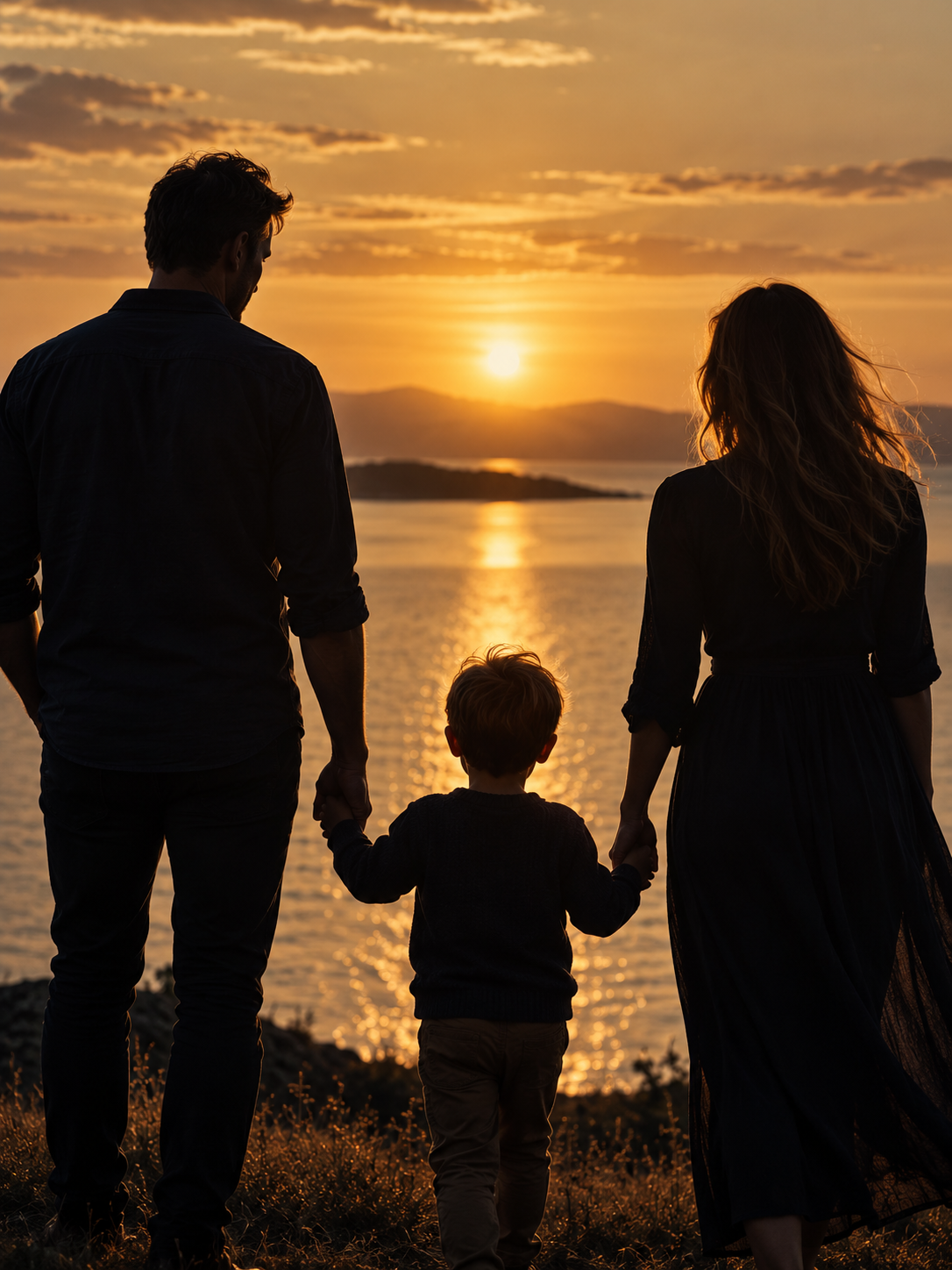 Family holding hands beside the water at sunset