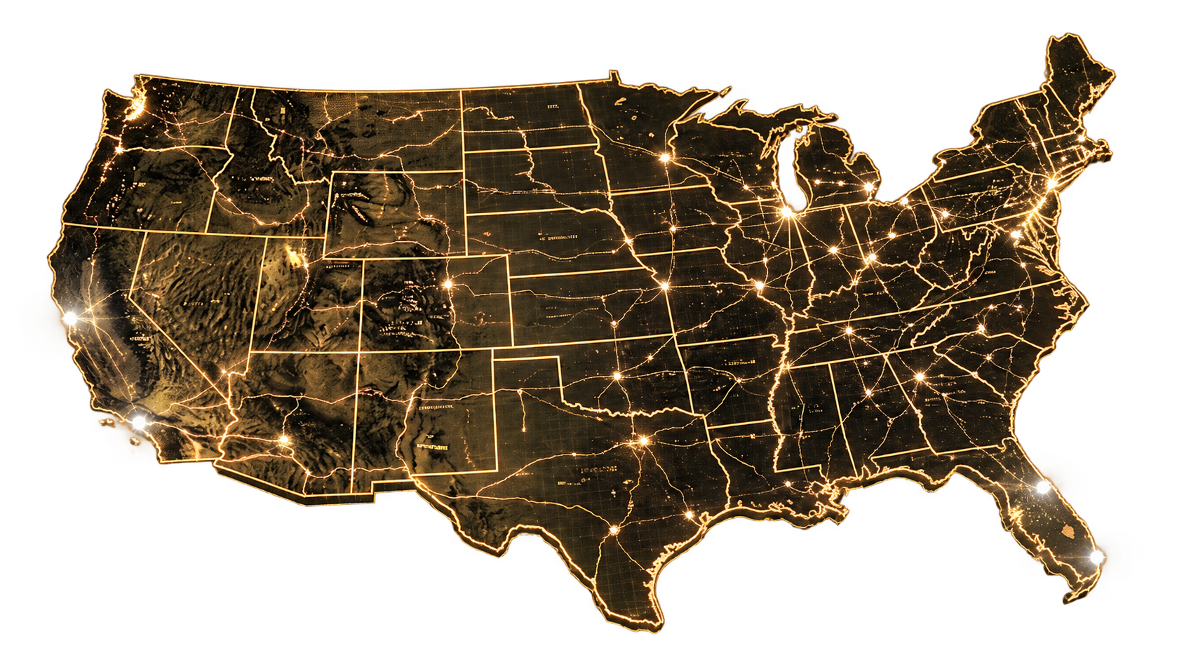 Gold-toned United States map with illuminated state outlines and nationwide network detail